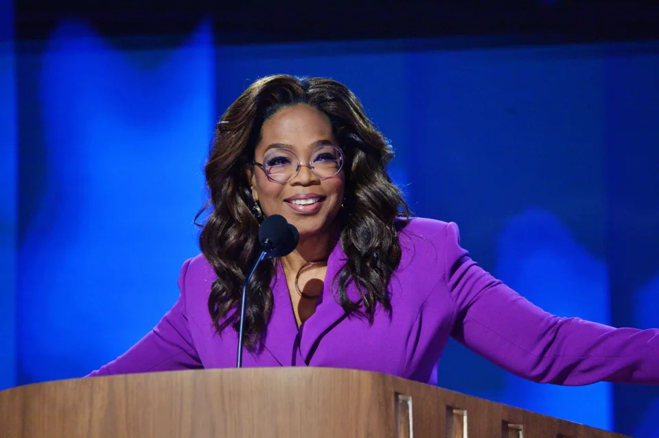 CHICAGO, ILLINOIS, UNITED STATES - AUGUST 21: Oprah Winfrey, chief executive officer of Oprah Winfrey Network LLC makes a speech during the Democratic National Convention (DNC) at the United Center in Chicago, Illinois, United States, on August 21, 2024 (Photo by Jacek Boczarski/Anadolu via Getty Images)