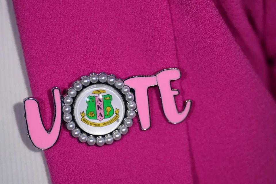 An attendee wears an Alpha Kappa Alpha sorority pin during the final day of the convention.