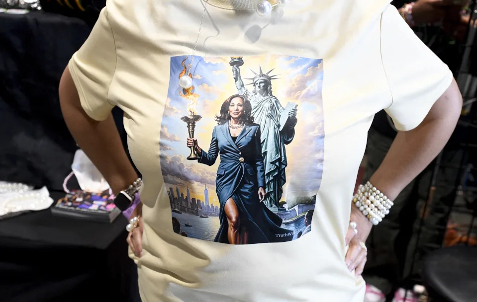 An attendee wears a Lady Liberty Kamala Harris T-shirt on the second day of the convention.